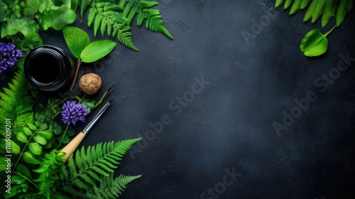 Wallpaper Mural A serene composition featuring lush greenery, a black jar, and a paintbrush set against a dark background, perfect for creative projects, nature themes, or eco-friendly products, Torontodigital.ca