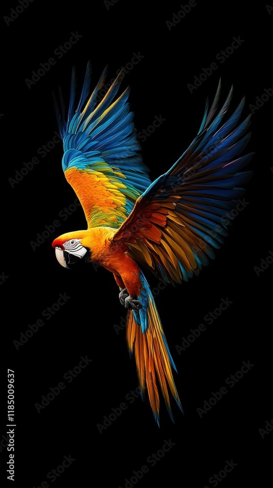 Fototapeta premium A vibrant macaw takes flight, showcasing its stunning multicolored feathers against a dark background.