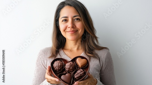 Middle-aged Hispanic woman holding a heart-shaped box of chocolates, plain white backdrop. photo