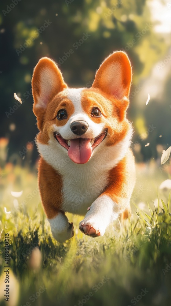 A joyful corgi running through a sunlit meadow, with vibrant greenery and a cheerful expression. A joyful corgi running through a sunlit meadow, with vibrant greenery and a cheerful expression.
