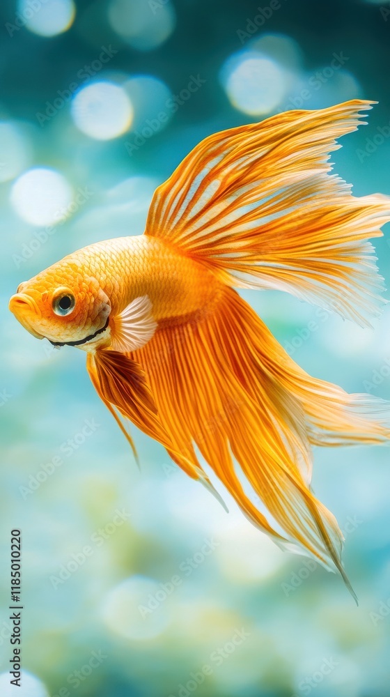 Fototapeta premium A vibrant orange goldfish gracefully swimming in a shimmering aquatic environment.