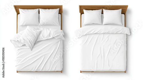 Fototapeta Naklejka Na Ścianę i Meble -  Single and double beds with white sheet, pillows and duvet top view. Vector realistic mockup of blank linen on wood beds, 3d furniture for sleep isolated on white background