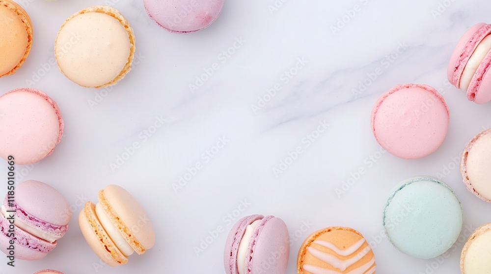 Fototapeta premium Pastel macarons in pink, purple, yellow, and blue tones on marble background, flat lay dessert arrangement, minimalistic French pastry design, colorful gourmet treats, copy space for text
