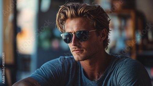 Handsome blonde man wearing sunglasses and looking away