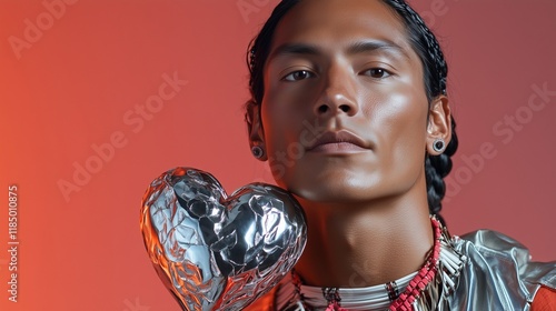 Young Native American man with a metallic heart sculpture, soft-focus simple backdrop. photo