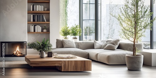 Wallpaper Mural Modern luxurious living room, cozy interior design, floor-to-ceiling windows, natural light, contemporary fireplace, large sectional sofa, wooden coffee table, built-in bookshelves, indoor plants, neu Torontodigital.ca