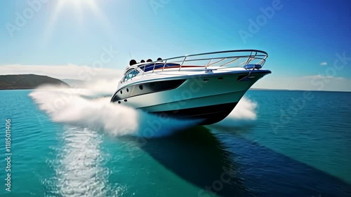 Boat is in the water and it is moving. The water is blue. The boat is silver
