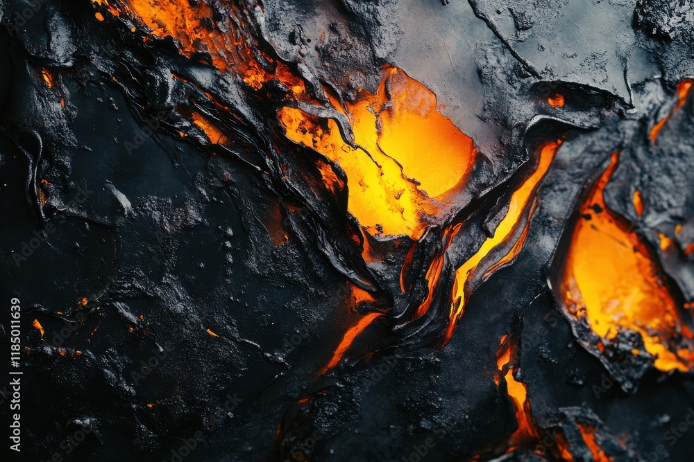 Close-up of molten lava with glowing orange hues against a dark volcanic rock background.