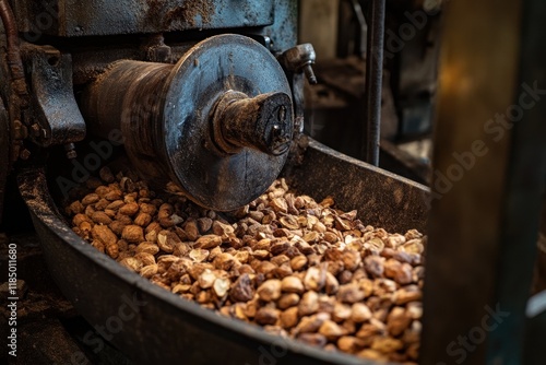 Nut grinding machine processes roasted nuts into fine paste for oil extraction and culinary use photo