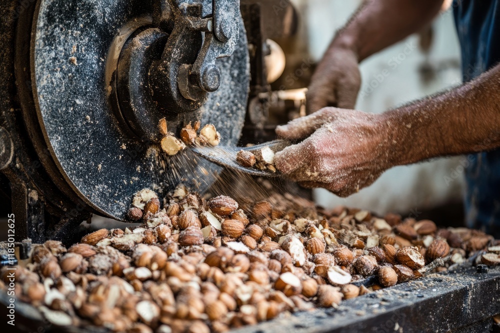 Nut shelling process involving machinery and workers extracting kernels from shells in a busy factory setting Nut shelling process involving machinery and workers extracting kernels from shells in a busy factory setting
