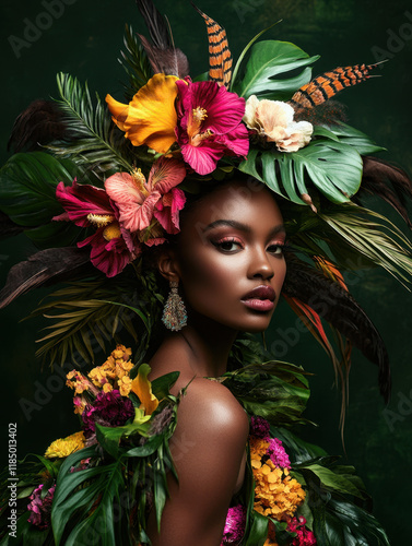 Portrait of a model with a tropical couture headpiece featuring vibrant flowers, lush greenery, and feathers, paired with a bold necklace, creating an exotic and captivating composition.