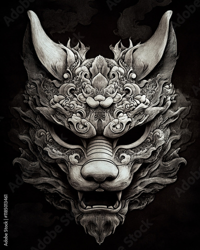 Kitsune Mask black and white illustration photo