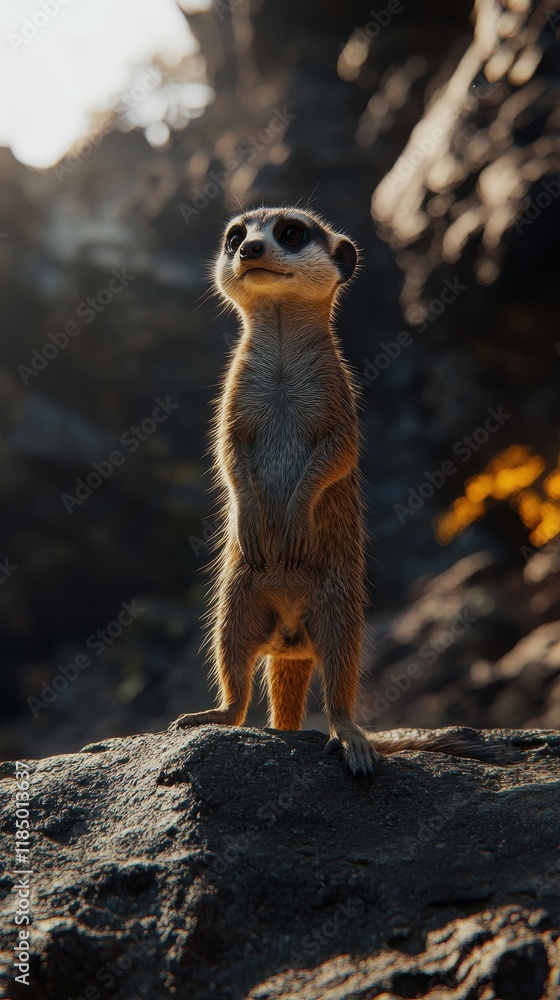 Fototapeta premium A curious meerkat stands upright on a rocky surface, showcasing its alert posture against a sunny backdrop.