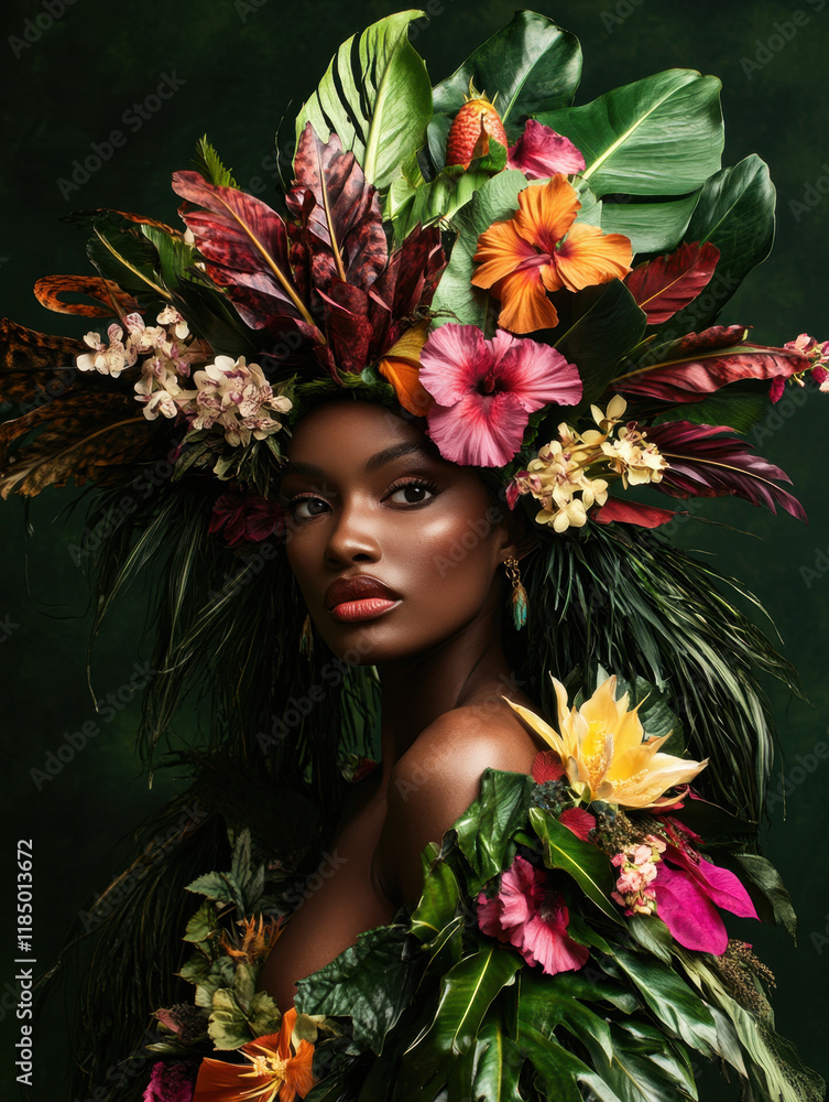 Naklejka premium Portrait of a model with a tropical couture headpiece featuring vibrant flowers, lush greenery, and feathers, paired with a bold necklace, creating an exotic and captivating composition.