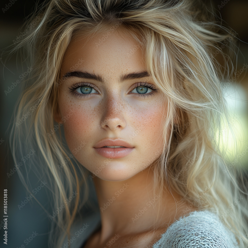 Beautiful young woman with natural makeup smiling indoors Beautiful young woman with natural makeup smiling indoors