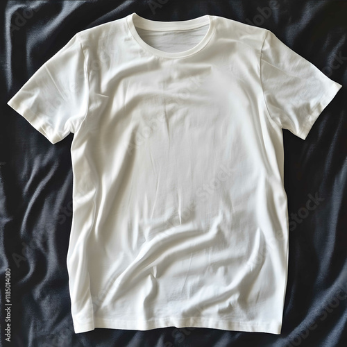 A slightly wrinkled white Tshirt laid flat viewed from above The texture of the fabric is soft and cottonlike with subtle creases and folds The shirt has a simple rou photo