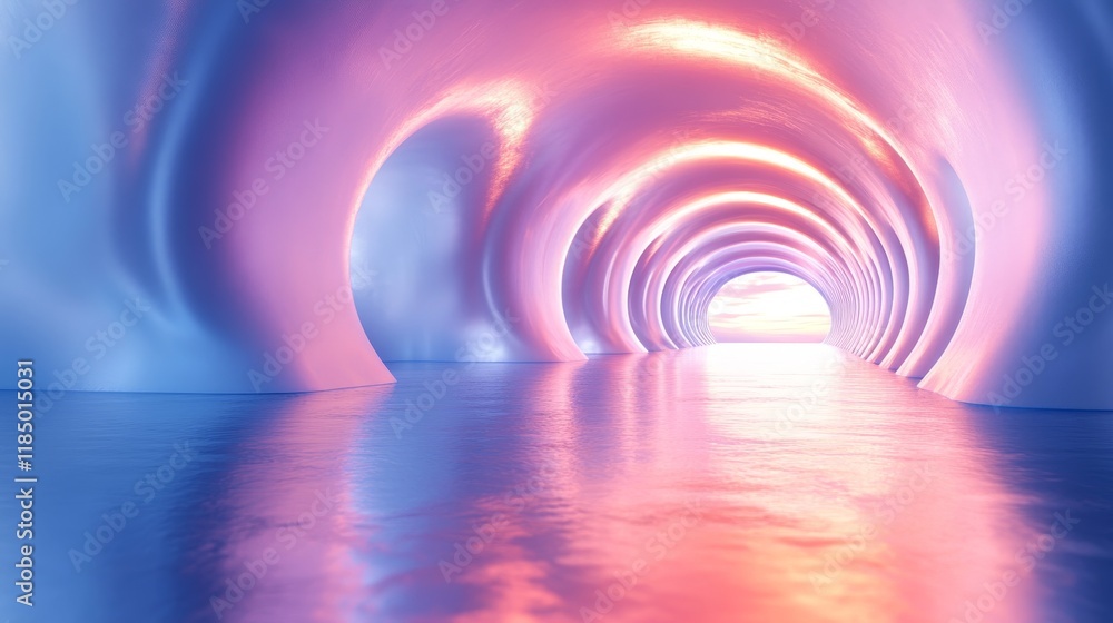 A tunnel with a pink and blue light shining on the water A tunnel with a pink and blue light shining on the water