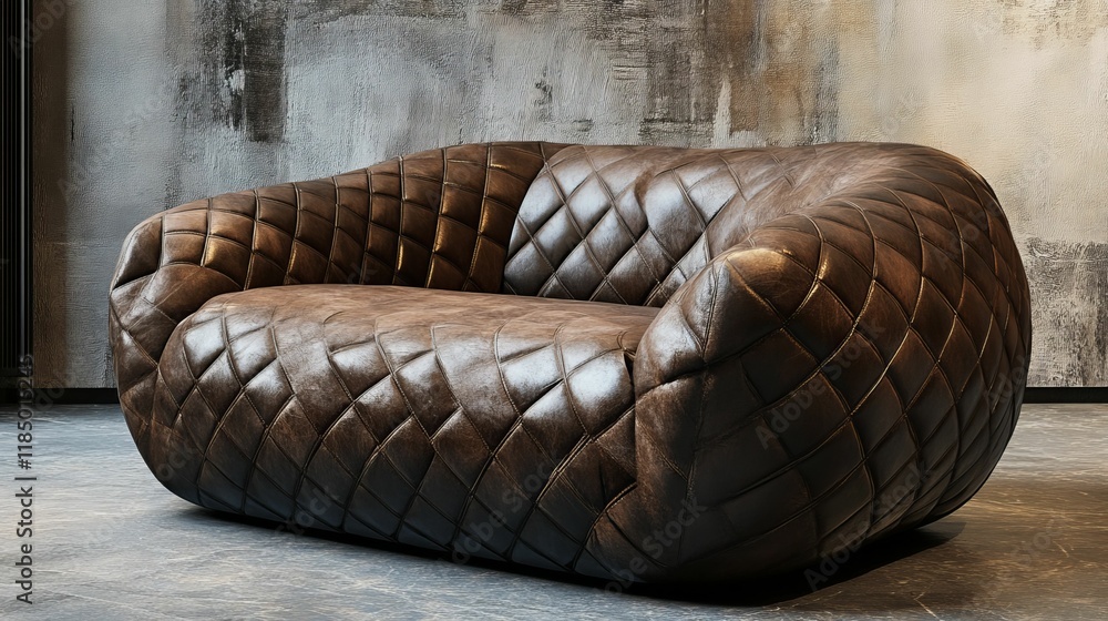 Naklejka premium Brown leather couch, quilted design, modern style.