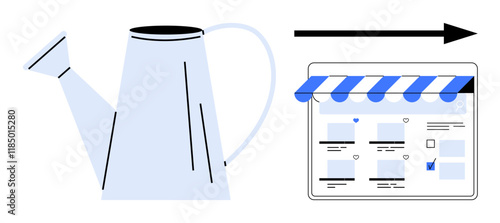 Watering can pouring into an online storefront symbolizes nurturing e-commerce growth and development. Ideal for business strategies, digital marketing, growth, e-commerce optimization, customer