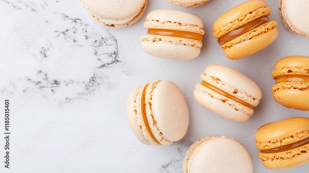 Fototapeta premium White and orange macarons on marble background, dessert flat lay with copy space, minimal food photography, gourmet baked goods, pastel sweet treats arrangement