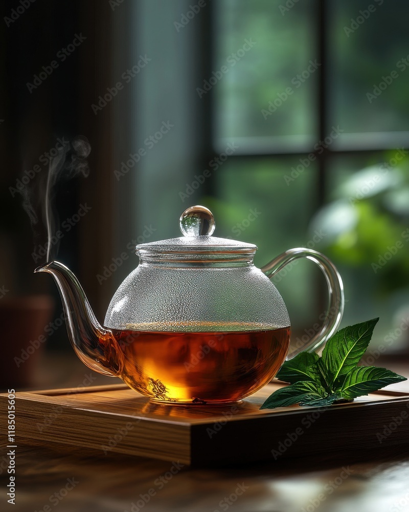 A glass teapot with steaming tea on a wooden tray, complemented by fresh mint leaves, creating a cozy atmosphere. A glass teapot with steaming tea on a wooden tray, complemented by fresh mint leaves, creating a cozy atmosphere.