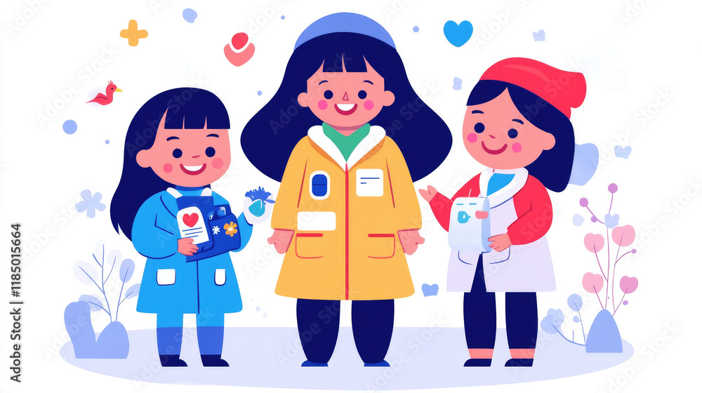 Three Young Female Doctors or Nurses in Lab Coats, a Cute Illustration Three Young Female Doctors or Nurses in Lab Coats, a Cute Illustration