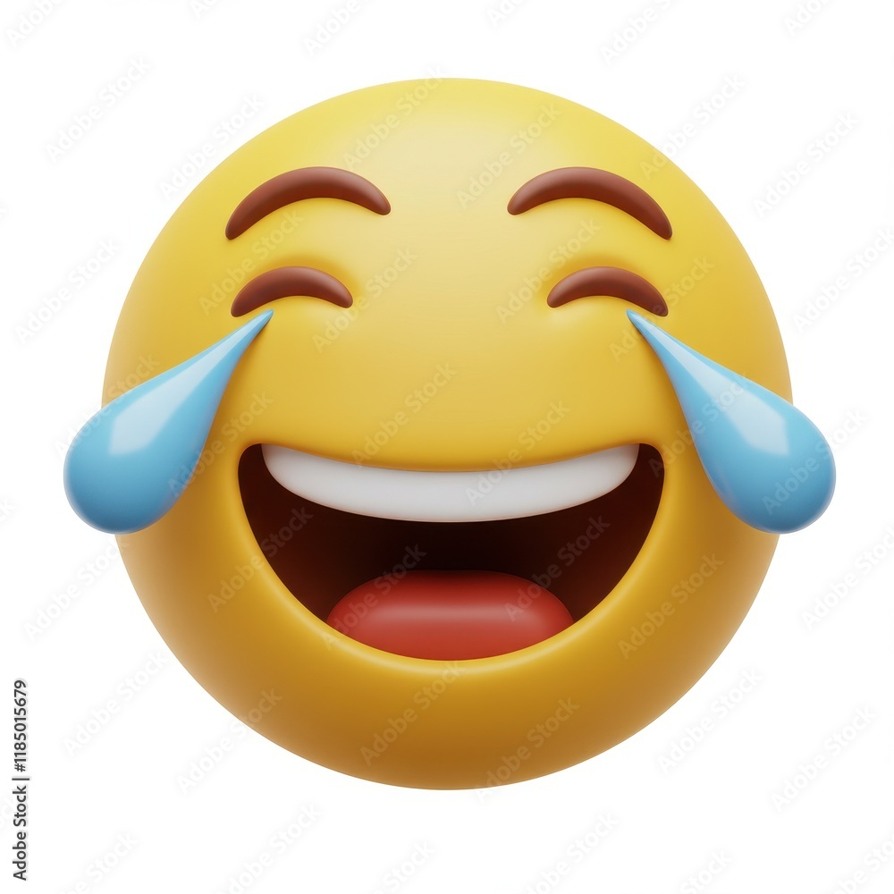 Fototapeta premium A 3D illustration of a yellow emoji face with tears of laughter streaming from its eyes wide open mouth and raised eyebrows isolated on a white background