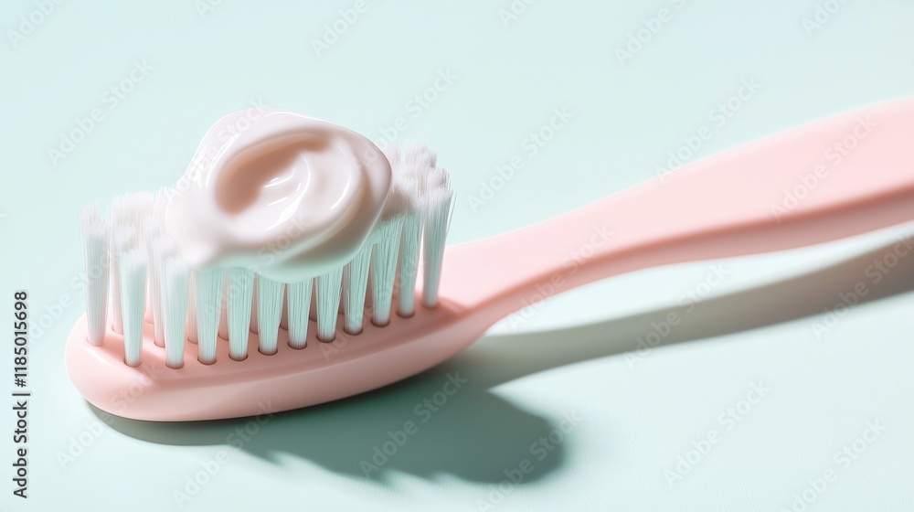 A clean and modern pink toothbrush with soft white bristles holding a dollop of toothpaste, set on a pastel mint background A clean and modern pink toothbrush with soft white bristles holding a dollop of toothpaste, set on a pastel mint background