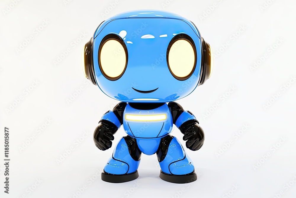 A charming 3D-rendered robot with big eyes and a cartoon design, set against a plain background A charming 3D-rendered robot with big eyes and a cartoon design, set against a plain background