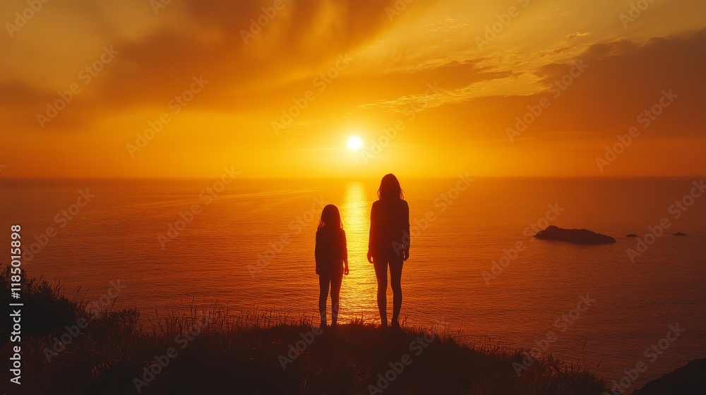 A mother and child silhouette standing on a cliff at sunset, overlooking the ocean with vibrant orange and yellow hues in the sky A mother and child silhouette standing on a cliff at sunset, overlooking the ocean with vibrant orange and yellow hues in the sky