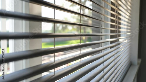 Window with white blinds. The blinds are open and the sun is shining through