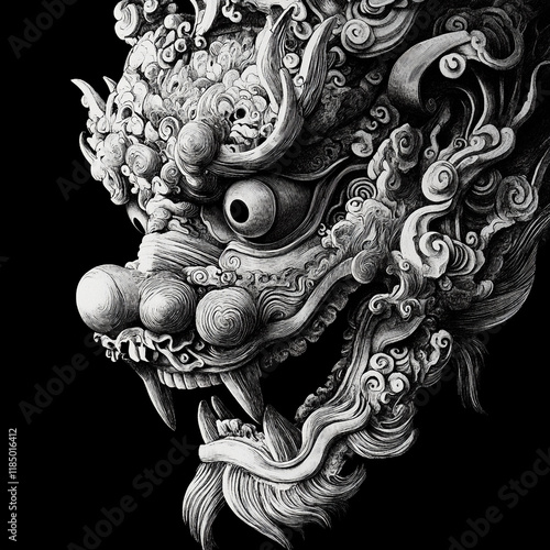Komainu Mask black and white illustration