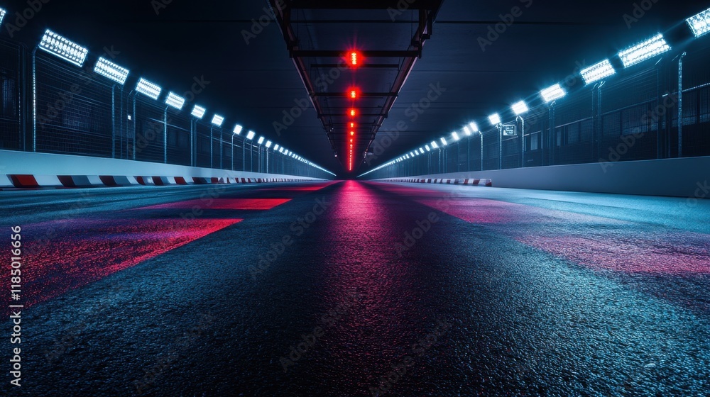 A dramatic view of a racetrack tunnel illuminated by vibrant red and blue lights, creating a captivating atmosphere. A dramatic view of a racetrack tunnel illuminated by vibrant red and blue lights, creating a captivating atmosphere.