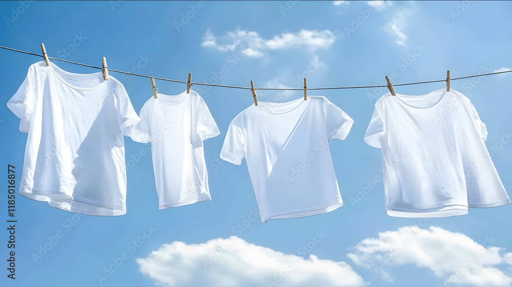 White tshirts hanging on the clothesline against a blue sky background White shirts hanging out to dry on the line with other clean shirts This image represents the c White tshirts hanging on the clothesline against a blue sky background White shirts hanging out to dry on the line with other clean shirts This image represents the c