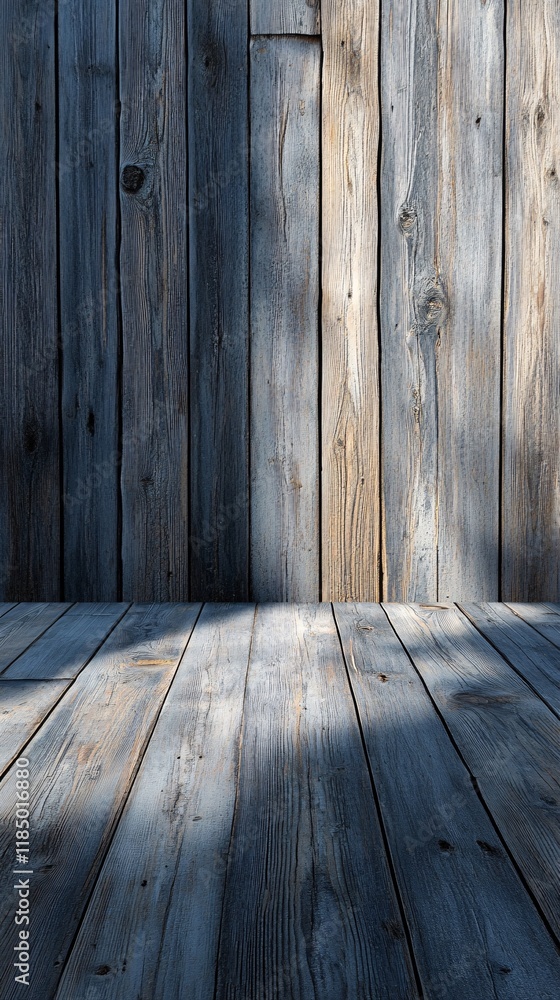 Empty room with wooden floor and wall creating dramatic shadows Empty room with wooden floor and wall creating dramatic shadows