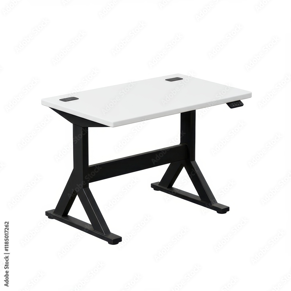 A 3D illustration of a modern white standing desk with a black base isolated on a white background A 3D illustration of a modern white standing desk with a black base isolated on a white background