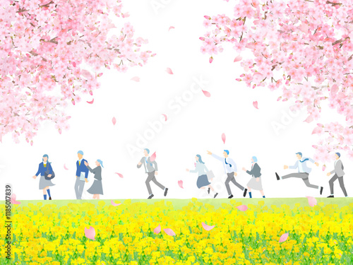 桜の木と土手沿いを歩く学生男女ー横顔ー全身ー卒業入学ー人物シンプルベクターイラスト白バック背景素材
