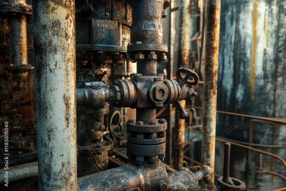 Close-up view of oil extraction machinery showcasing pipes and fittings used in well production Close-up view of oil extraction machinery showcasing pipes and fittings used in well production