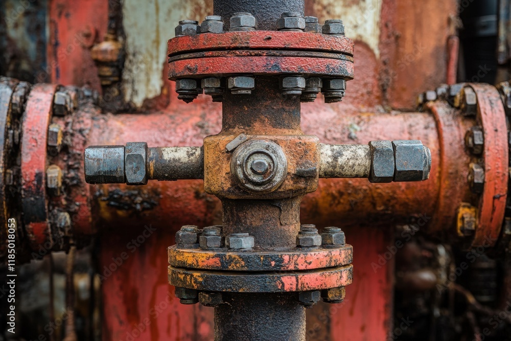 Close-up view of oil extraction machinery showcasing pipes and fittings used in well production Close-up view of oil extraction machinery showcasing pipes and fittings used in well production