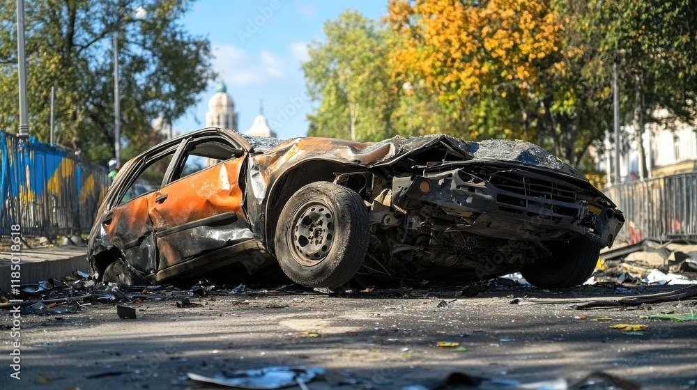 Fototapeta premium Burnt and overturned car laying on the street after an accident