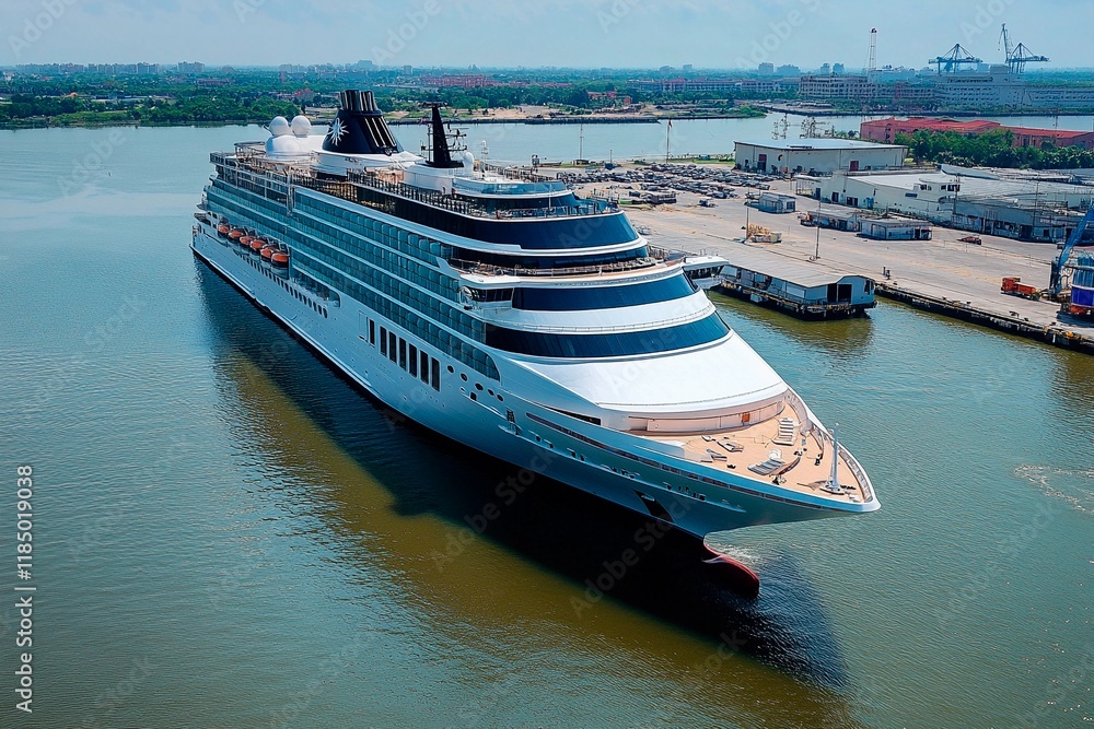 Fototapeta premium Luxury cruise ship docked at a bustling harbor on a sunny day, ready for adventure