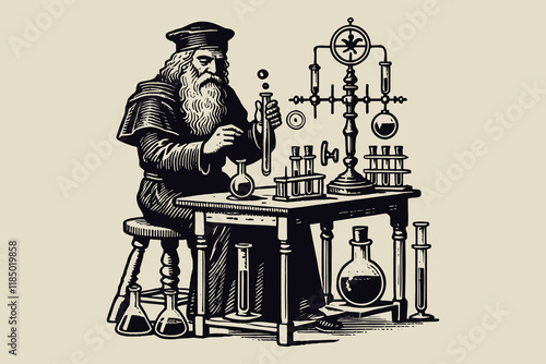 Alchemist in laboratory, black vintage flat vector engraving art