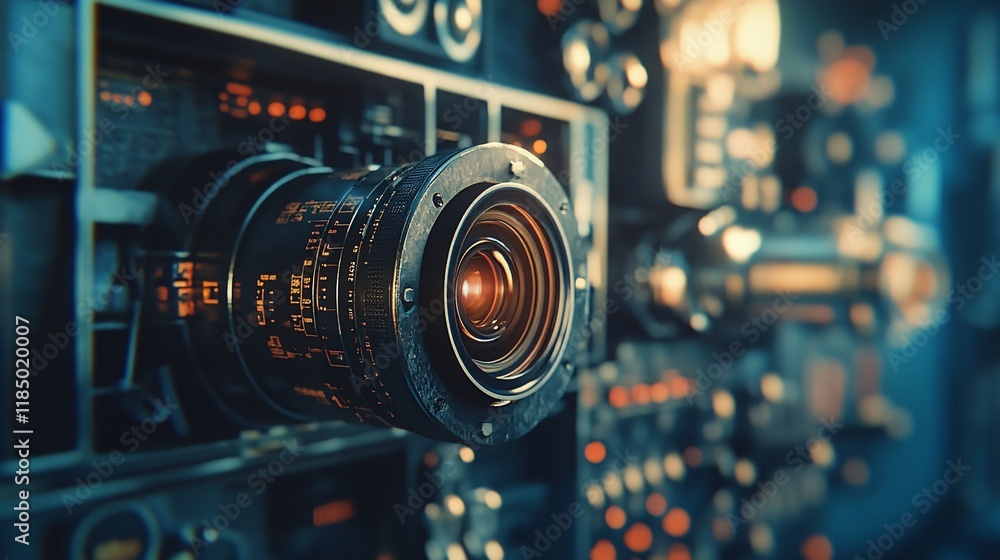 Professional camera lens recording a movie in a vintage movie studio Professional camera lens recording a movie in a vintage movie studio