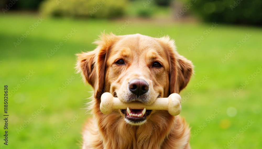 Golden Retriever holding a bone in sunny backyard, playful joy Golden Retriever holding a bone in sunny backyard, playful joy
