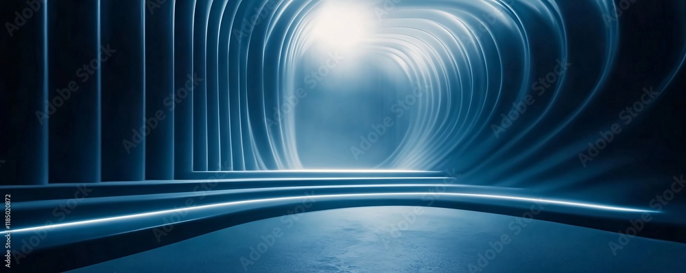 Fototapeta premium Futuristic empty stage with blue glowing neon lights in a concrete tunnel corridor