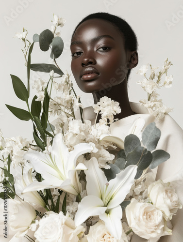 Studio portrait of a dark-skinned model surrounded by white lilies, roses, and delicate greenery, showcasing minimalist elegance and natural beauty.