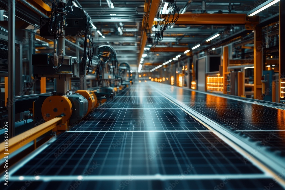 Close-up of a modern solar panel manufacturing line showcasing advanced technology in a factory setting. Close-up of a modern solar panel manufacturing line showcasing advanced technology in a factory setting.