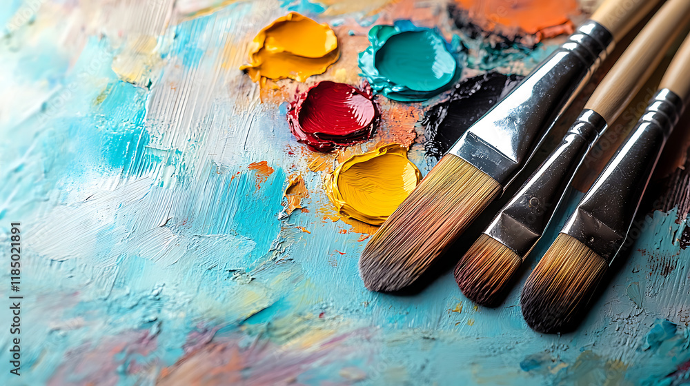 Fototapeta premium wooden palette with different colorful blobs of paint and brushes on white background, an excellent image for demonstrating essential art tools, paint supplies, and creative painting