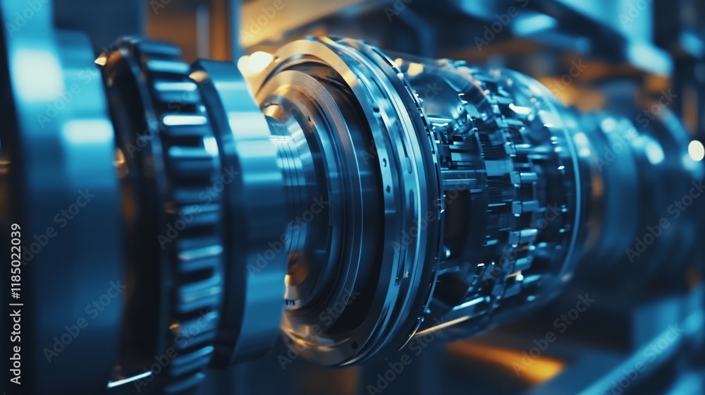 Fototapeta premium Complex futuristic engine rotating with gears and ball bearing in blue light