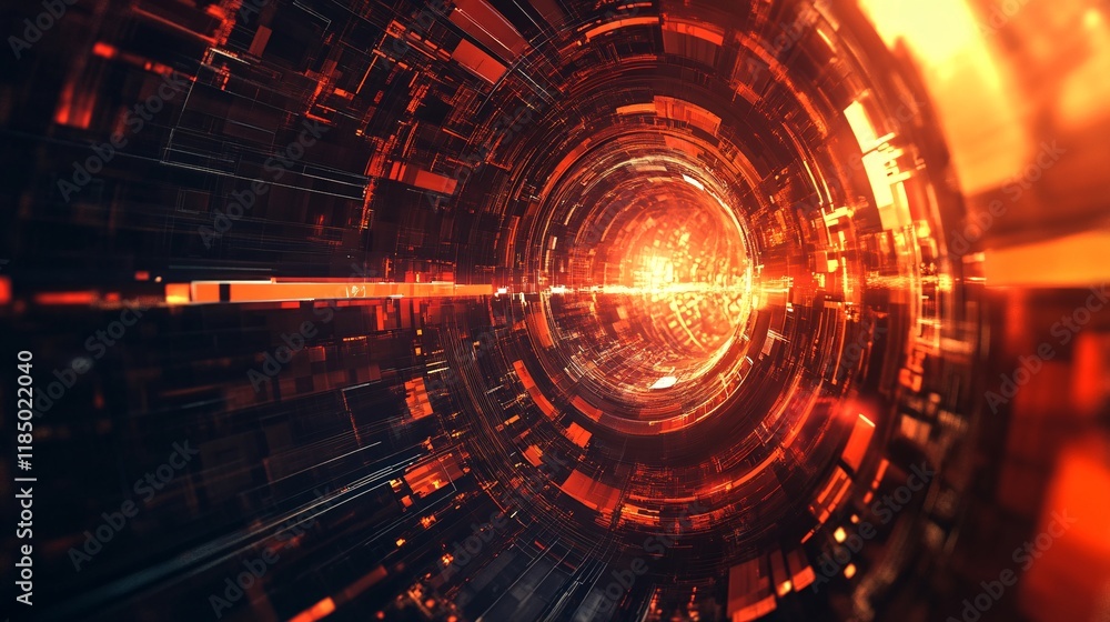 Fototapeta premium Orange wormhole traveling at warp speed in digital cyberspace